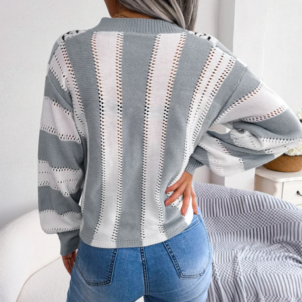 Striped Leopard Print V-Neck Balloon Sleeve Sweater - Picture 11 of 12